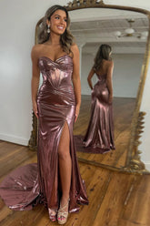 Dark Blue Sweetheart Mermaid Long Metallic Prom Dress With Leg Slit